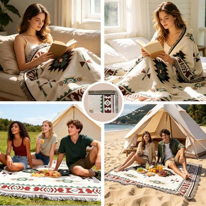 Samboo Mexican Blanket 50×60 Inch, Boho Native American Woven Throw Blanket for Couch Sofa Bed Camping Picnic Beach, Soft Lightweight Durable Machine Washable Decorative Blanket with Tassels