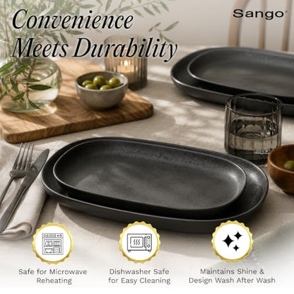 SANGO Anderson Serving Platters Set of 2, 14/12 Inch Stoneware Serving Dishes for Entertaining, Semi-Matte Party Serving Trays for Food, Buffet Oval Platters for Bread, Appetizer, Cheese, Matte Black - color: Black