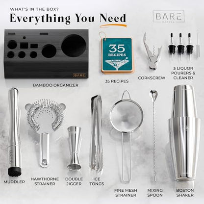 BARE BARREL® Mixology Bartender Kit Bar Set | 14-Piece Cocktail Shaker Set | Martini Barware Mixing Tools for Home Bartending | Incl. 35 Recipe Cards | Gift Set (28oz Boston Shaker, Silver/Black) - color: Silver/Black