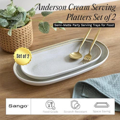 SANGO Anderson Serving Platters Set of 2, 14/12 Inch Stoneware Serving Dishes for Entertaining, Glossy Party Serving Trays for Food, Buffet Oval Platters for Bread, Appetizer, Cheese, Reactive Cream - color: Cream