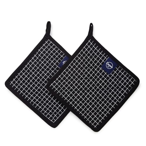 Encasa XO Pot Holders, Quilted Kitchen Hot Pads 8"x8" Butcher Checks Black | 100% Eco-Friendly Cotton | Thick Cotton Padding Insulation | Convenient Hanging Loop | Set of 2 - color: Butcher Checks Black