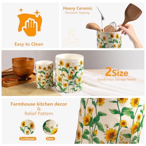 Sunflower Utensil Holder, 7.1"+5.4" Ceramic Utensil Holder for Kitchen Counter, Cooking Utensil Crocks for Countertop, Utensil Storage Container Organizer for Spoon, Sunflower Farmhouse Kitchen Decor
