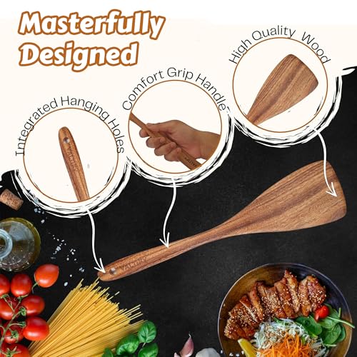 Kitchen Utensil Set | 17-Piece Wooden Cooking Utensils with Holder & Hooks | Teakwood Utensils Set for Cooking | Non Toxic Wooden Spoons | Spatulas & Kitchen Accessories