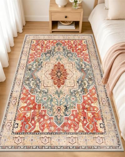 OLANLY 3x6 Washable Runner Rug, Soft Non Slip Carpet for Hallway Kitchen | Brick Red Boho Vintage Floral Medallion Farmhouse Rug, Spill & Stain Resistant Low Pile, for Entryway Laundry Office Bedroom - color: Brick Red, size: 3' x 6' (Runner)