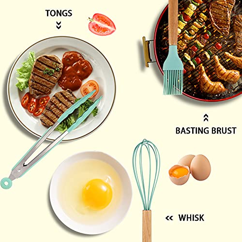 MIBOTE Silicone Cooking Kitchen Utensils Set, Wooden Handle, Teal | BPA-Free, Non-Toxic Silicone Turner, Tongs, Spatula, Spoon Set – Great for Nonstick Cookware, Heat-Resistant, Easy Clean - color: Green