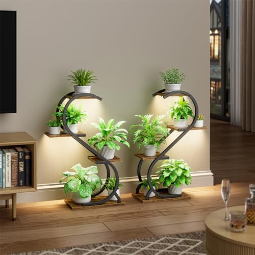 LATIBELL Metal Corner Plant Stand with Grow Light, 2 Pack, 29" 4 Tier | Metal Plant Shelf Indoor, Multiple Plants, Holds Flowers For Living Room, Patio & Balcony