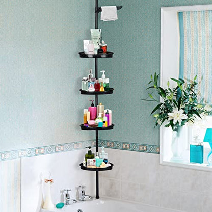 360° Rotating Corner Shower Caddy Organizer Tension Pole, 4-Tier Adjustable Rustproof Corner Shelf with Metal Pole for Inside Shower, Extra Towel Bar & Soap Dish, Bathroom Storage for Bathtub, Black