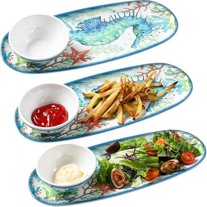 LEHAHA Coastal Chip and Dip Serving platter Set, Set of 3, Melamine Bowl and Tray Gift Set,Serving Dishes for Entertaining, Small Serving Bowls for Side Dishes, Salsa, Appetizers, Condiments. - color: Coastal