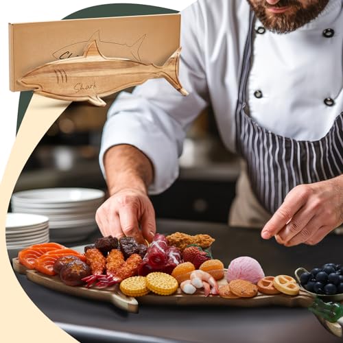 Funny Shark Charcuterie Board for Cutting Serving Cheese Meat Housewarming Gift Acacia Wood Decorative Charcuterie Board for Kitchen Birthday Xmas Wedding Parties, 24 x 9.1 x 0.6"(Grooved) - style: Grooved