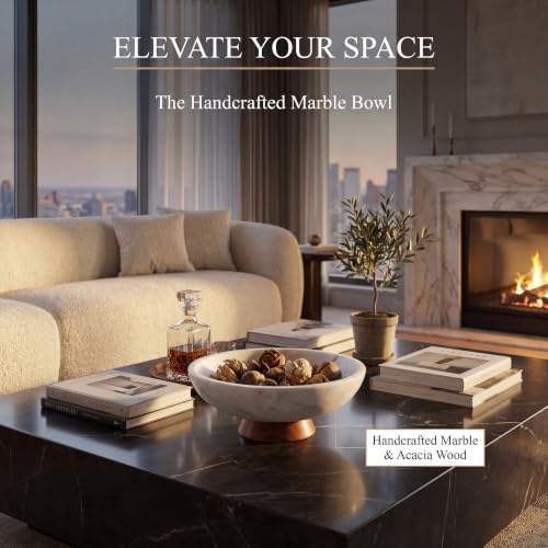 Decorative Marble Bowl White - Handcrafted Natural Stone on Removable Acacia Wood Pedestal Base - Versatile 10" Catch‑All Centerpiece - Entryway, Dining Table, Kitchen Fruit Bowl, Key Holder (White) - color: White