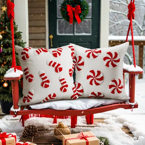 Fourluoo Christmas Trees Pillow Covers 18x18 Inch Double Sided Foil Plush White Red Green Soft Plush Faux Fur Christmas Throw Cushion Case for Sofa Living Room (4 Pcs, Candy Can, 18"×18") - style: Candy Can