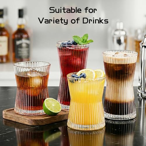 JOVGANK Drinking Glasses Set of 8 – Lead-Free Crystal Glassware, 4 Tall 10oz & 4 Short 8.5oz Vintage Ribbed Tumbler Glasses, Dishwasher Safe, for Juice Beer Cocktails, Great Housewarming Gift, Set B - style: X
