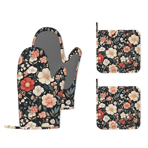 Floral Boho Heat-Resistant Silicone Oven Mitts and Pot Holder 4 Piece Set,Pink Flower Non-Slip Kitchen Oven Gloves for Baking, BBQ, Cooking,Grilling - color: Floral Boho Pink Flower
