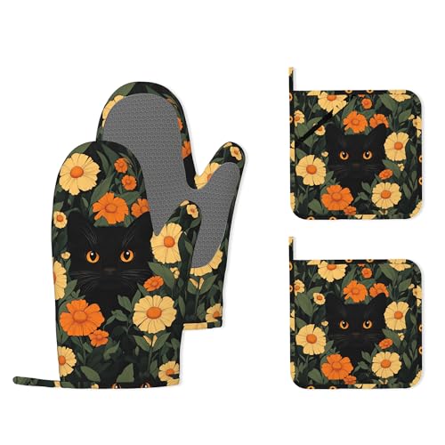 Black Cat Flowers Heat-Resistant Silicone Oven Mitts and Pot Holder 4 Piece Set,Non-Slip Kitchen Oven Gloves for Baking, BBQ, Cooking,Grilling - color: Black Cat Flowers