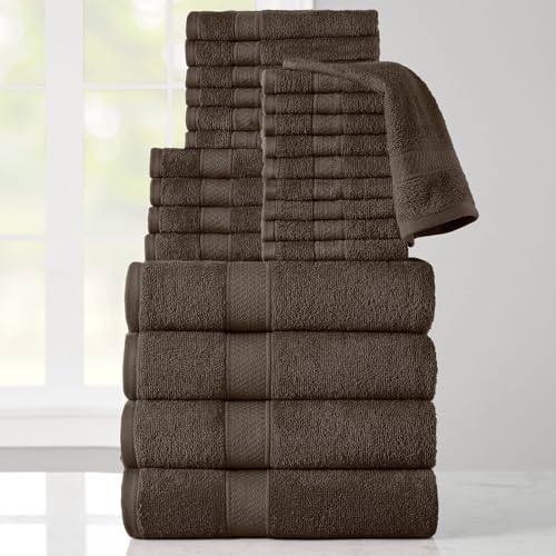 24-Piece Set of Towels, Lightweight 380 GSM Cotton Towels, Quick Drying, Absorbent Hand Towels, Fingertip Towels, Bath Towels, & Washcloths, Cocoa - color: Cocoa