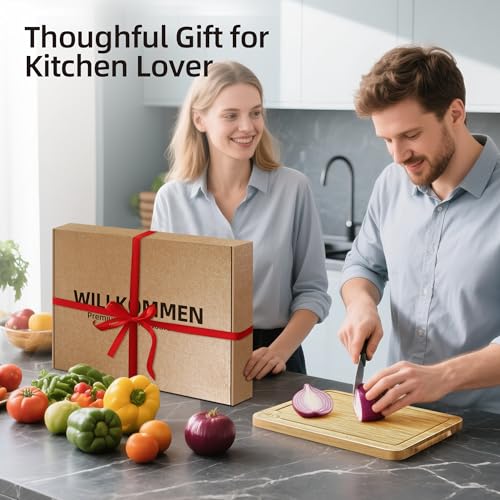 WILLKOMMEN 4-Piece Bamboo Cutting Boards for Kitchen, Chopping Board Set with Food Icon (Meat, Fish, Vegetables, Fruits) Butcher Block with Stands, Handles & Juice Grooves (Small, Medium, Large, XL) - color: Bamboo Set of 4
