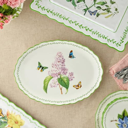 Mirabella Porcelain OVAL PLATTER, elegant 16 x 12 inch serving platter with lilac floral artwork and butterflies, perfect for roasts, vegetables, desserts, entertaining and coordinated table styling