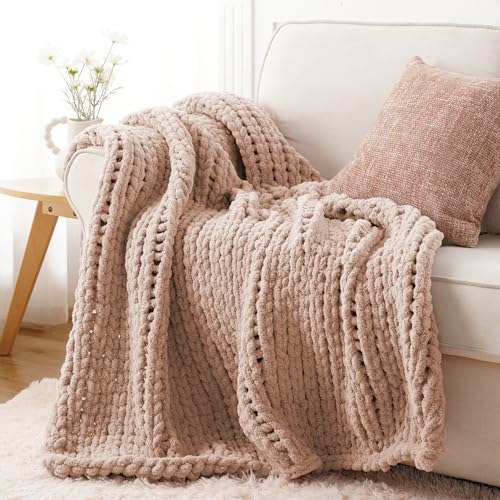 Chunky Knit Throw Blanket for Couch, Dusty Pink Knitted Throw Blanket 50x60 | Handmade Chunky Knot, Soft Thick Chenille Throw Blanket, Cable Knit Crochet Blanket for Sofa Bed Home Decor - color: Pink