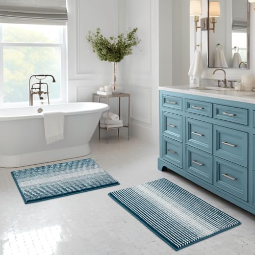 Bathroom Rugs and Mats Sets, 2 Piece Thick Absorbent Chenille Bath Mat Rug Set Non Slip, Soft Shaggy Bath Room Floor Mats for Bathroom, Machine Washable (Teal, 20" x 32" Plus 16" x 24") - color: Teal, size: 20" x 32" Plus 16" x 24"