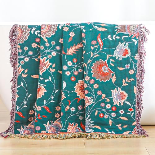 100% Cotton Boho Throw Blanket for Bed White Flowers 90"x98" | 4-Layer Gauze Breathable Double-sided Muslin Blanket,Soft Lightweight All Season Quilt with Fringe,Multi-purpose Blanket - color: Cashews, size: 90"x98"