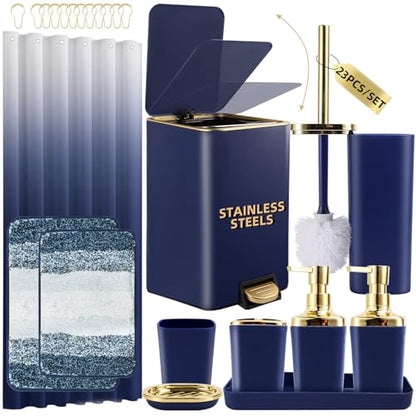 Bathroom Sets with Shower Curtain and Rugs Bathroom Accessories Set Navy Blue Bathroom Set,Soap Dispenser & Toilet Brush Holder Set with Stainless Steel Trash Can(23 PCS) - size: Navy Blue, style: Bath Set+Ombre Waffle Shower Curtain+Bath Rugs