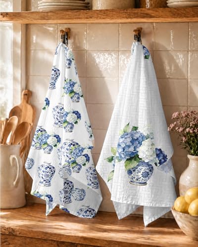 Flour Sack Kitchen Towels Set of 2, 18x26 Inch, Hydrangea | 150GSM Cotton, Lint-Free, Quick Dry, Hanging Loop, Lightweight Tea Towels, French Home Decor, Chinoiserie, Housewarming Gift - color: Hydrangea