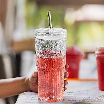 Bandesun All Glass Iced Coffee Cup With Lids and Straws，24 OZ High Borosilicate Glass Tumbler for Water Smoothie Juice Drinks - color: Clear