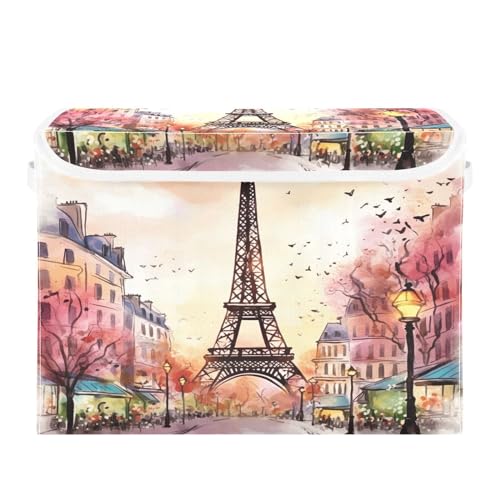 Watercolor Paris Storage Bins with Lids and Carrying Handle,Foldable Storage Boxes Organizer Containers Baskets Cube with Cover for Home Bedroom Closet Office - color: Watercolor Paris