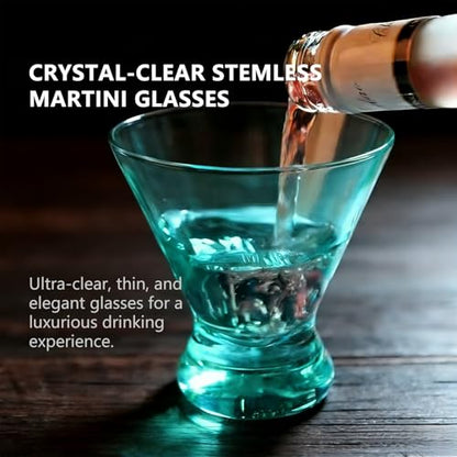 Set of 6 Plastic Stemless Martini Glasses 9 oz, Heavy Base Stable Cocktail/Drink/Juice/Red Wine Glasses, Fits Ice Cream/Milkshakes, Dishwasher Safe, Ideal for Home Party (Teal) - color: Teal