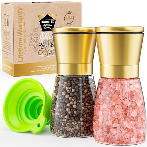 Home EC Original Gold Salt and Pepper Grinder Set of 2 - Adjustable Ceramic Grinder - Glass Salt and Pepper Shakers With Funnel and Ebook - Kitchen Spice Mill - Gold Kitchen Accessories - color: Gold Top/Clear Glass, size: 2pk