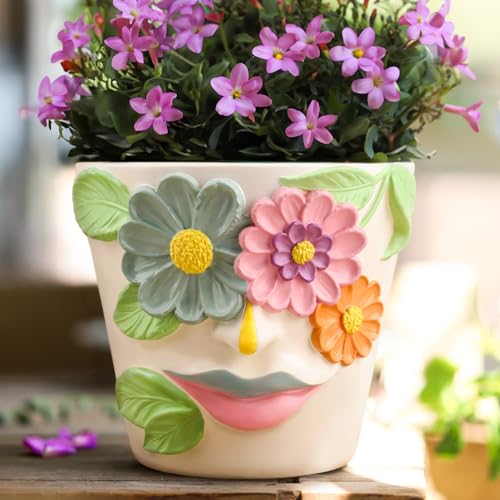 GUGUGO Unique Face Flower Plant Pots, Colorful Cute Succulent Planters with Drainage, Abstract Rainbow Head Flower Planters Pots for Indoor Plants, Funny Eclectic Home Décor (Blue&Pink, 5Inch) - color: Blue&pink, size: 5Inch