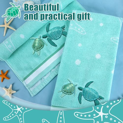 2 Pcs 13.7x29.5 Inch Sea Turtle Hand Towels | Jacquard 100% Embroidered Cotton, Soft Coastal Summer Beach Towel, Kitchen Bathroom Home Decor Gift