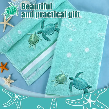 2 Pcs 13.7x29.5 Inch Sea Turtle Hand Towels | Jacquard 100% Embroidered Cotton, Soft Coastal Summer Beach Towel, Kitchen Bathroom Home Decor Gift