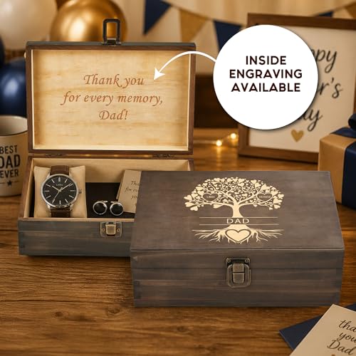 Personalized Wooden Memory Box – Engraved Family Tree Keepsake Box with Custom Hearts & Names | Wooden Keepsake Storage for Photos, Letters & Special Memories | Gift for Dad, Family & Anniversary - style: 20. Dad Family Tree