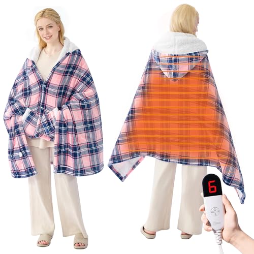 Electric Blanket Wearable Heated Shawl with Hood & Pockets, 40"x70" | 6 Heat Settings, 4H Auto-Off, Flannel & Sherpa Reversible, Cozy Plaid Heated Throw Blanket for Home, Couch, or Gift, Pink - color: Pink, size: Short