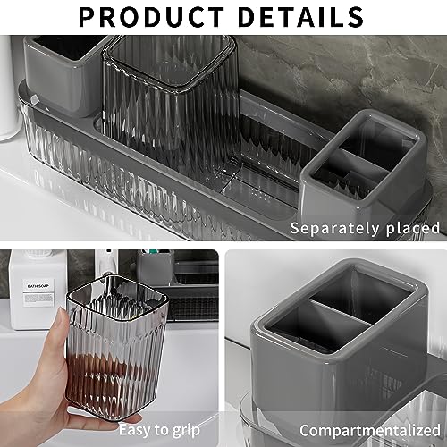 Toothbrush Holder for Bathrooms, 2 Cups Toothbrush Organizer for Bathroom Countertop, Toothbrush Holder Toothbrush Storage for Shower, Tooth Brushing Holder Cup Tray and Toothpaste Caddy Black