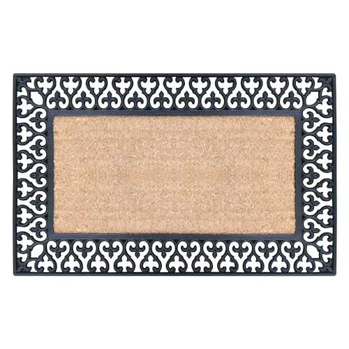 A1HC Natural Coir and Rubber Large Door Mat, 18" x 30", Thick Durable Doormats for Door Entrance, Heavy Duty, Thin Profile Door Mat, Easy to Clean,Long Lasting Front Door Entry Doormat - color: Paisley Border Black