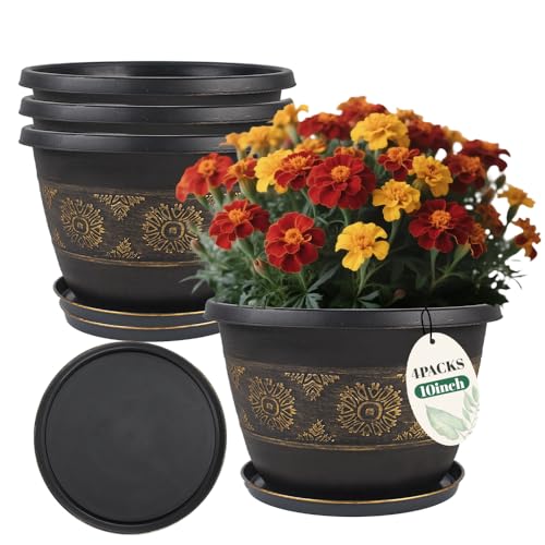 10 Inch Retro Plant Pots 4 Pack with Drainage and Saucers Gold | Gold retro PP pots with drainage holes and saucers for herbs flowers succulents indoor patios porches and balconies - color: Gold, size: 10 Inches-4 packs