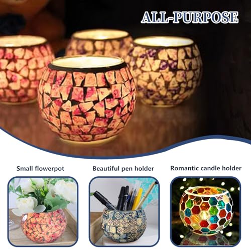 Mosaic Glass Tea Light Holders Romantic Votive Candle Holder (L) | Round Handmade Tealight Candle Holder, for Table Centerpieces, Christmas, Party, Home Decor