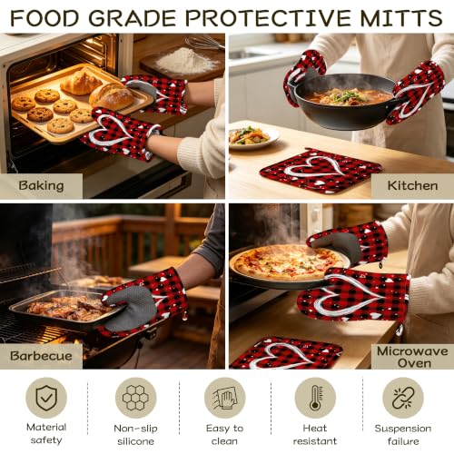 Plaid Love Heart Oven Mitts and Pot Holders Set of 4, Heat Resistant Non Slip Kitchen Gloves Hot Pads, Chef Cooking Baking Gifts for Women Bakers, Kitchen Gifts for Cooking Lover Cooks Mom - color: Plaid Love Heart