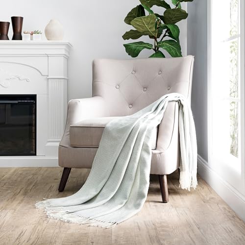 Merit Linens Herringbone Throw Blanket - One Size Eucalyptus - color: Herringbone Eucalyptus