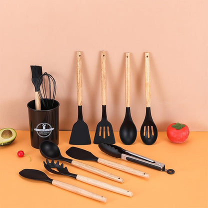 Caboh Silicone Kitchen Utensil Set 12 PCS – Heat Resistant Cooking Tools with Spatula, Serving Spoon, Tongs, Whisk & Holder, Nonstick Safe BPA-Free Kitchen Accessories Set (Black) - color: Black