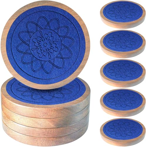 5 Pack Wood Coasters for Drinks, Minacun Absorbent Coaster Set, Drinks Coasters for Coffee Tabletop Protection, Non-Slip, Non-Stick, Suitable for Kinds of Cups Wooden Table Drink, 4.3 Inch Blue - color: #5-blue