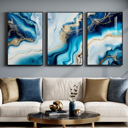 Large Framed Blue and Gold Abstract Wall Art for Living Room, 3 Piece 24x36 | Luxury contemporary pictures, Bright art prints, Modern paintings, Elegant artwork for walls, Wall decor for hallway office - color: Blue and Gold Veins, size: 24" W x 36" H x 3