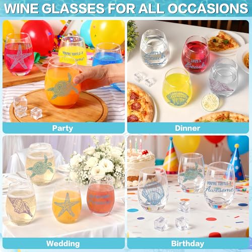 4 PCS Ocean Stemless Wine Glasses-17 Oz Coastal Glassware Gifts for Beach Lovers-Sea Turtle,Seashell,Starfish,Conch Wine Cups Set for Women Men,Dishwasher Safe,Birthday,Fathers Day,Easter