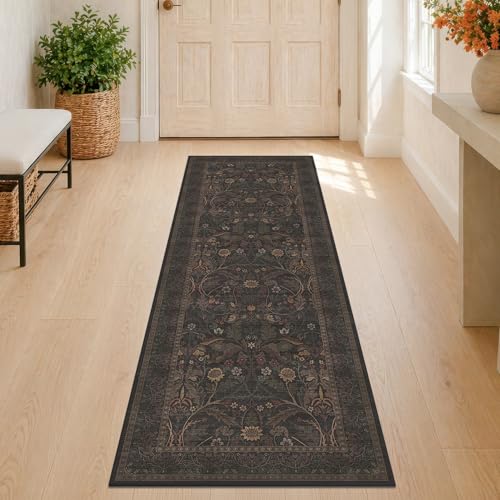 Washable 2x6 Kitchen Runner Rugs Non Slip - Dark Brown Hallway Runner Rug, Farmhouse Non Slip Floral Botanical Bathroom Mats, Southwestern Cabin Bedroom, Hall Way Low Pile Carpet - color: Brown, size: 2' x 6' (Runner)
