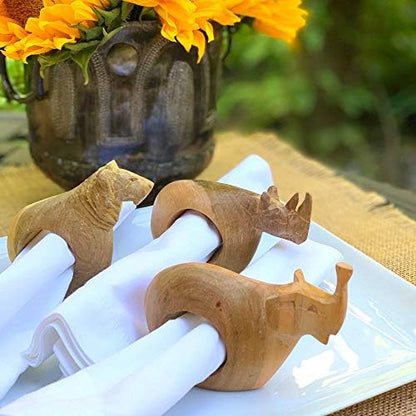 Mahogany Wood Animal Napkin Rings Set of Six - Handmade Wooden Napkin Rings - color: Assorted Animals