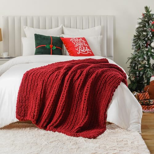 Chunky Knit Throw Blanket for Couch, Christams Red Throw Blanket 50"x60" - color: Red