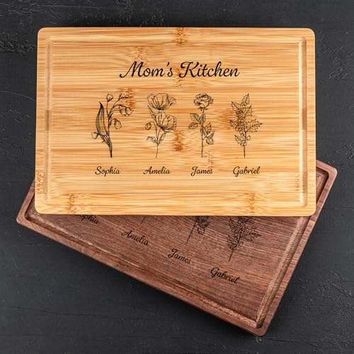 Personalized Cutting Board for Mom or Grandma – Birth Flower Garden Design, Custom Gift for Mother’s Day, Wedding, Birthday, Bridal Shower from Daughter or Son – Valentines Day Gifts for Her - style: Mom-Gift