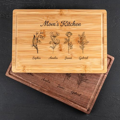 Personalized Cutting Board for Mom or Grandma – Birth Flower Garden Design, Custom Gift for Mother’s Day, Wedding, Birthday, Bridal Shower from Daughter or Son – Valentines Day Gifts for Her - style: Mom-Gift